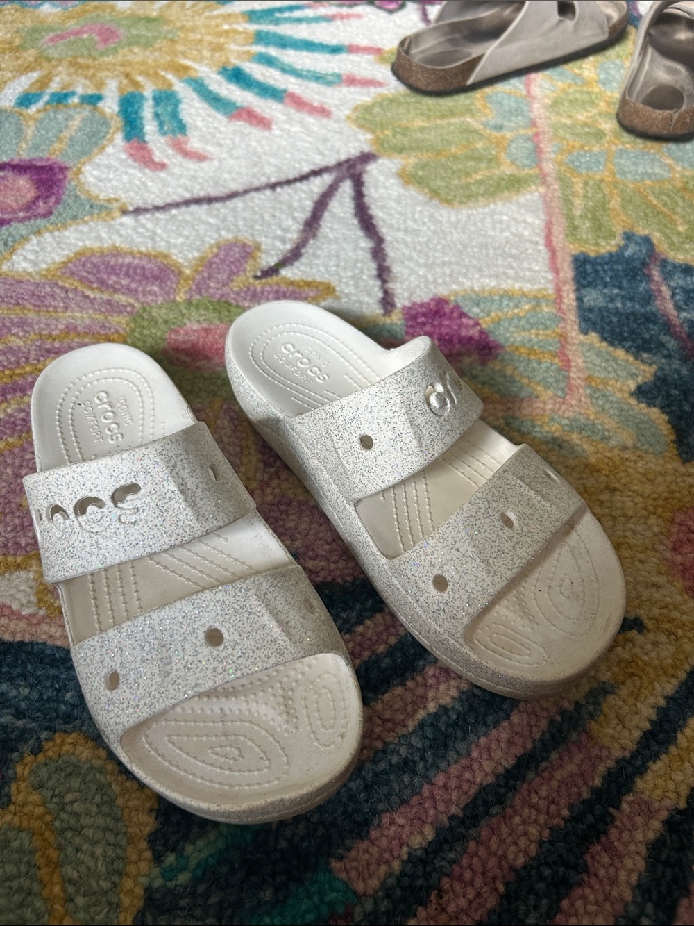 CROCS white and Silver Glitter Double-Strap Slides